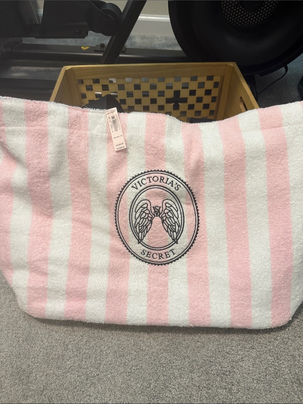 Victoria's Secret Pink and White Striped Tote with Angel Wings Logo